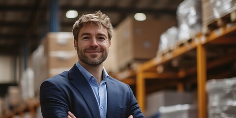 Obraz premium Logistics coordinator standing proudly in a warehouse, overseeing operations with precision
