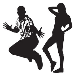 Dancing people black silhouettes. Teenagers, Young girl and boy dancing street dance, hip hop at party or night club. Outline vector drawing isolated on white background.