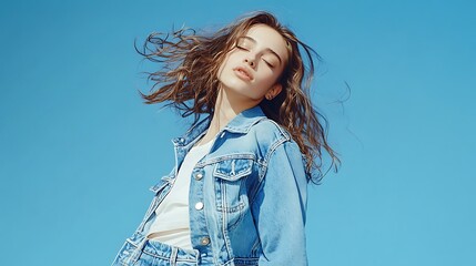 Female model in denim jacket and skirt, posing casually with carefree vibe
