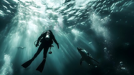 Exploring the ocean depths while encountering a shark at midday