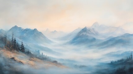 Fototapeta premium Hazy mountain landscape with fog, light pastels, spacious foreground for copy, peaceful and calming