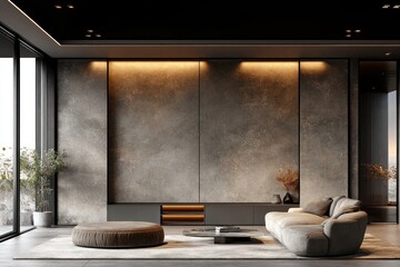 Modern living room with grey textured wall, beige sofa, and large window.