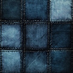Denim patchwork texture with stitched squares in blue shades, perfect for backgrounds and designs.