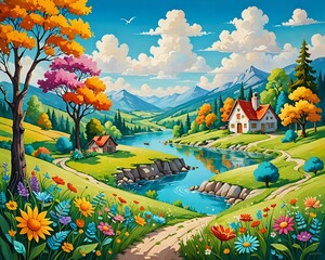 Colorful Mountain River Valley at Sunrise