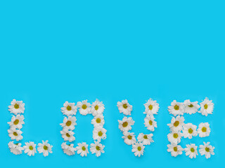 Sign love made of white chamomile on blue background with copy space for additional message. Expression of passion and feelings through natural organic flowers.