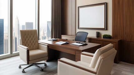 Sleek Executive Office Setup with Laptop and Digital Tablet Showcasing Business Analytics