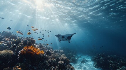 Obraz premium A breathtaking underwater scene featuring a manta ray swimming gracefully among colorful coral and schools of tropical fish. Sunlight beams illuminate the water, enhancing its beauty.