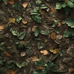 Fallen leaves scattered on forest floor, displaying rich textures and earthy tones.