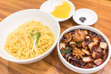 Korean-Chinese Black Bean Sauce Noodles (Gan Jjajang) with Stir-fried Vegetables and Meat Served Separately