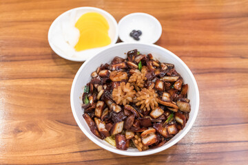Korean-Chinese Black Bean Sauce Noodles (Gan Jjajang) with Stir-fried Vegetables and Meat Served Separately