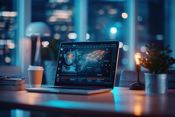 A laptop displaying data analytics in a modern office setting, illuminated by ambient city lights and desk lamps.