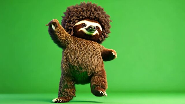 3D Animated Sloth with Afro Dancing on Green Screen