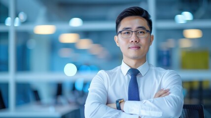 Obraz premium A confident young professional stands with crossed arms in an office setting, wearing a white shirt and glasses, exuding a sense of determination and focus.