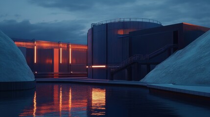 Fototapeta premium Modern facility by the water illuminated at night showcasing architecture and reflections