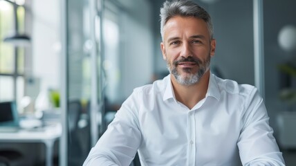 Obraz premium A confident man with a beard sits in a modern office, wearing a white shirt, exuding professionalism and approachability.