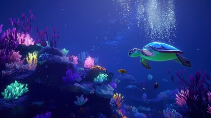A vibrant underwater scene featuring a green turtle swimming gracefully among colorful coral reefs in a dynamic aquatic environment.