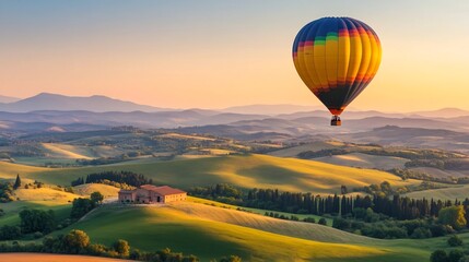 Fototapeta premium Vibrant Hot Air Balloon Floating Over Rolling Hills at Sunrise in Scenic Countryside Landscape