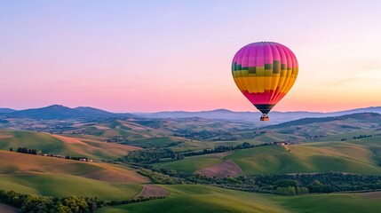 Fototapeta premium Vibrant Hot Air Balloon Floating Over Rolling Hills at Sunrise