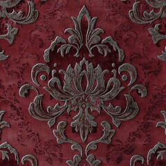 Vintage floral damask pattern on rich maroon velvet textile background, elegant decor