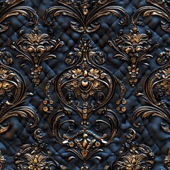 Ornate embossed design with golden floral motifs on a textured dark background.