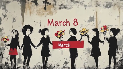 Obraz premium celebrate diversity: vibrant women's day poster featuring diverse cultures holding hands with flowers and a 'march 8' banner for inspiring sports interiors