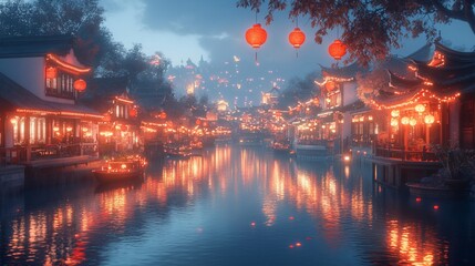 Misty night scene of a canal town with illuminated buildings and lanterns.