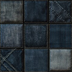 Patchwork denim texture with stitched fabric squares, perfect for background designs.