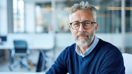 A middle-aged man with glasses sits confidently in a modern office, showcasing a professional demeanor and a stylish appearance.