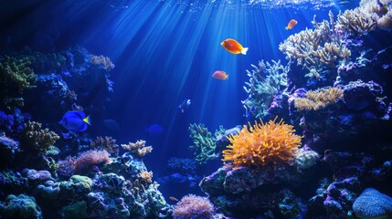 Obraz premium A stunning underwater scene filled with colorful fish swimming among vibrant corals, illuminated by soft rays of sunlight. A captivating marine habitat.