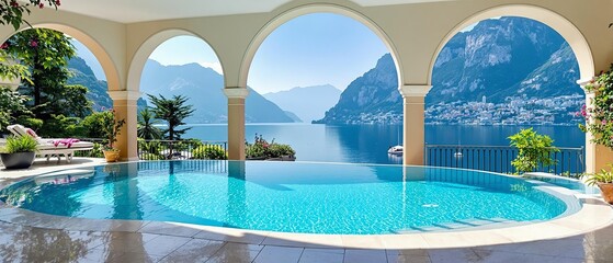 Luxury Villa Terrace With Infinity Pool Overlooking Scenic Lake and Mountains, Featuring Arched Architecture and Stunning Panoramic Views for Travel, Real Estate, and Vacation Concepts