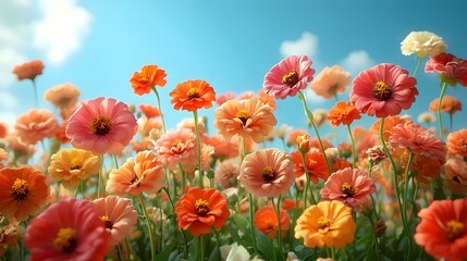 Obraz premium A field of flowers with a blue sky in the background