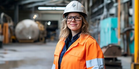 Portrait of a female health and safety officer standing in an industrial setting, smiling, with copy space