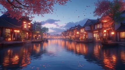 Serene canal town at twilight, illuminated buildings, cherry blossoms.