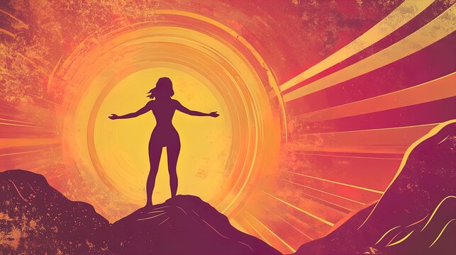 embrace empowerment: stunning poster of a woman triumphant on a mountain peak at sunrise, perfect for inspiring sports interiors and motivational spaces