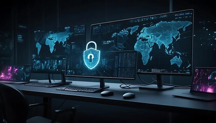 Global Cybersecurity: Network Security Monitors Displaying Data Protection
