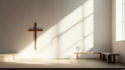 Naklejka premium Minimalist church interior with wooden cross, sunlight streaming through window, and simple bench