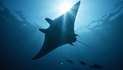 Mysterious grace of the manta ray gliding through azure depths at midday, capturing the wonders of ocean life in vibrant serenity