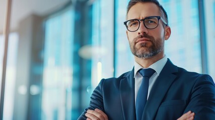 Naklejka premium A professional man in a suit and glasses stands confidently, exuding authority in a modern office environment with large windows.