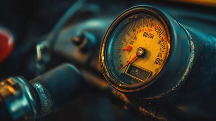 Fototapeta premium Close-up of a motorcycle speedometer illuminated at dusk displaying high speeds in a vibrant setting