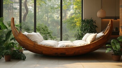 Wooden crescent daybed with cushions in a sunlit room.