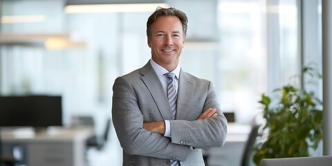 Portrait of a male financial advisor standing confidently in an upscale financial office, exuding professionalism and trust