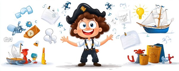 Joyful Child Inventor with Nautical and Mechanical Inventions