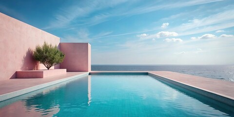 Fototapeta premium Soothing summer scene with silhouette pool and pink concrete deck