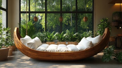 Wooden crescent daybed with cushions in sunlit room.