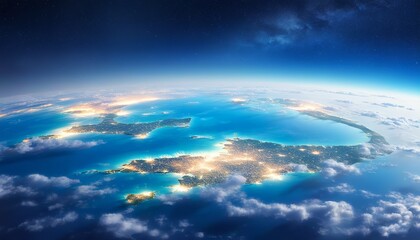 Aerial View of Earth from Space with Illuminated Cities and Cloud Cover. Created with generative AI technology