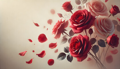 Delicate red roses and petals gently floating, creating a light and airy romantic design.
