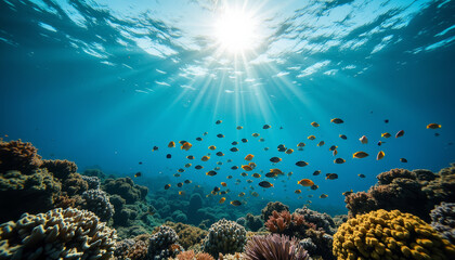 Naklejka premium Discover the hidden wonders of a vibrant coral reef teeming with life under the shimmering ocean sun