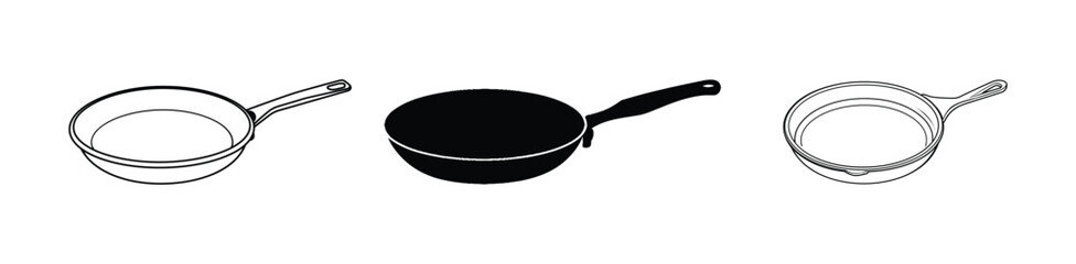 Set of cast-iron pan icon, vector, silhouette, outline, illustration isolated on white background