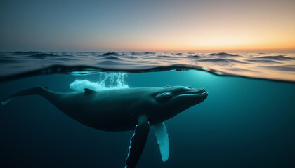 Fototapeta premium Marvel at the grace and mystery of a humpback whale gliding through tranquil waters at dusk