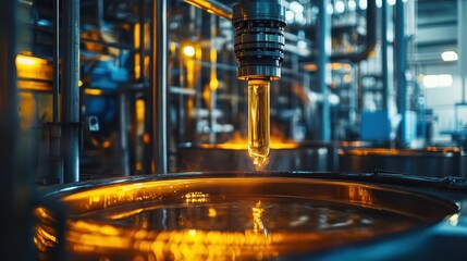 Oil flows through industrial pipeline during processing in a manufacturing facility at dusk